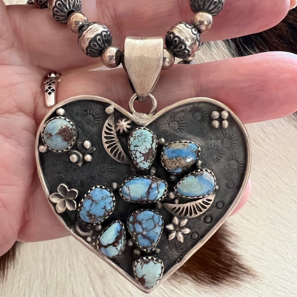 ❤️ Huge Golden Hills Turquoise Navajo Style Matte Sterling Heart Pendant 2.23”L